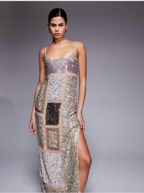 ASOS Nude and Silver Sequin Patchwork High-Low Slip Dress